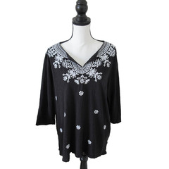 Talbots Womena 2Xp Split Neck Embroidered Tunic Top Black & White Boho Inspired