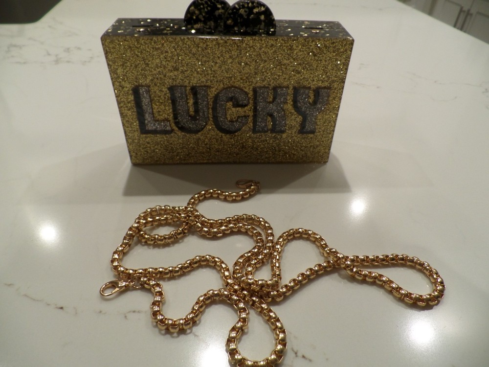 New Latest ELIZABETH SUTTON Clutch Purse Lucky hard acrylic casing, retail $250!