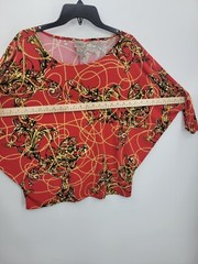 Chicos Top Womens XL 3 Red Black Print Boat Neck Dolman Sleeve Art to Wear Shirt