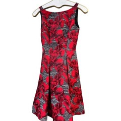 Adrianna Papell Floral Jacquard Fit & Flare Dress Red Black V-Back Old Money 4