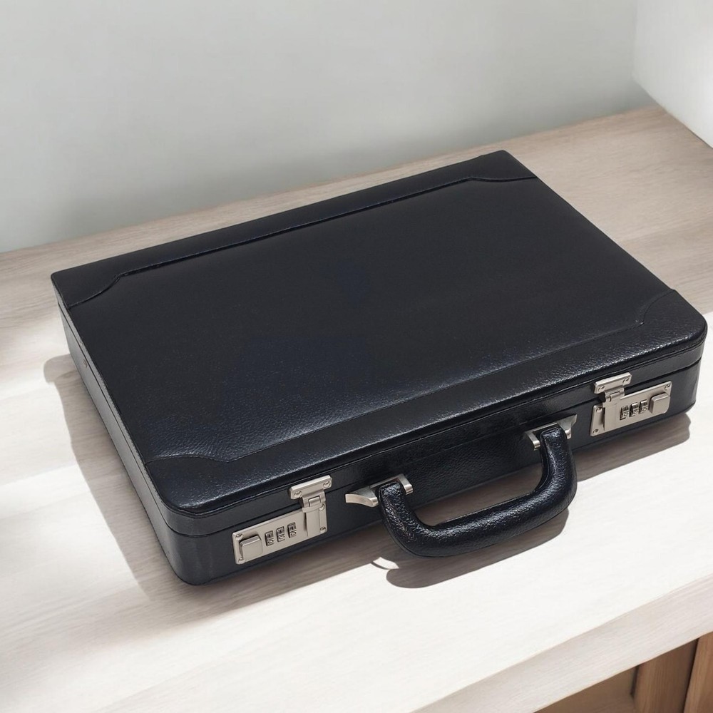 Genuine Leather Attache Briefcase, Structured Hard Case, Dual Combination Locks