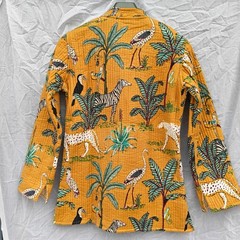 Block Print Cotton Coat, Mustard Yellow Safari Jungle Print Kantha Jacket,