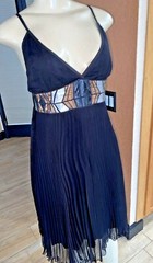 CERES USA BLACK SILK PLEATED FAUX LEATHER Trim Waist Halter Dress LG NWTS xb5