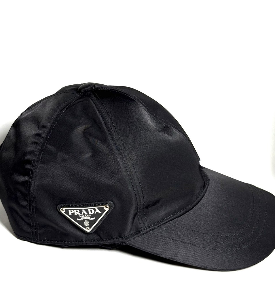 Prada Nylon Tessuto Triangle Logo Side Baseball Cap Hat Black Size M