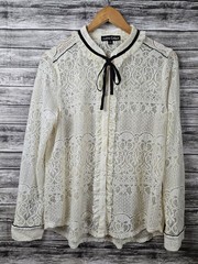 New Idea Women’s Size L Ivory Lace Button-up Longsleeve Top Ribbon Necktie