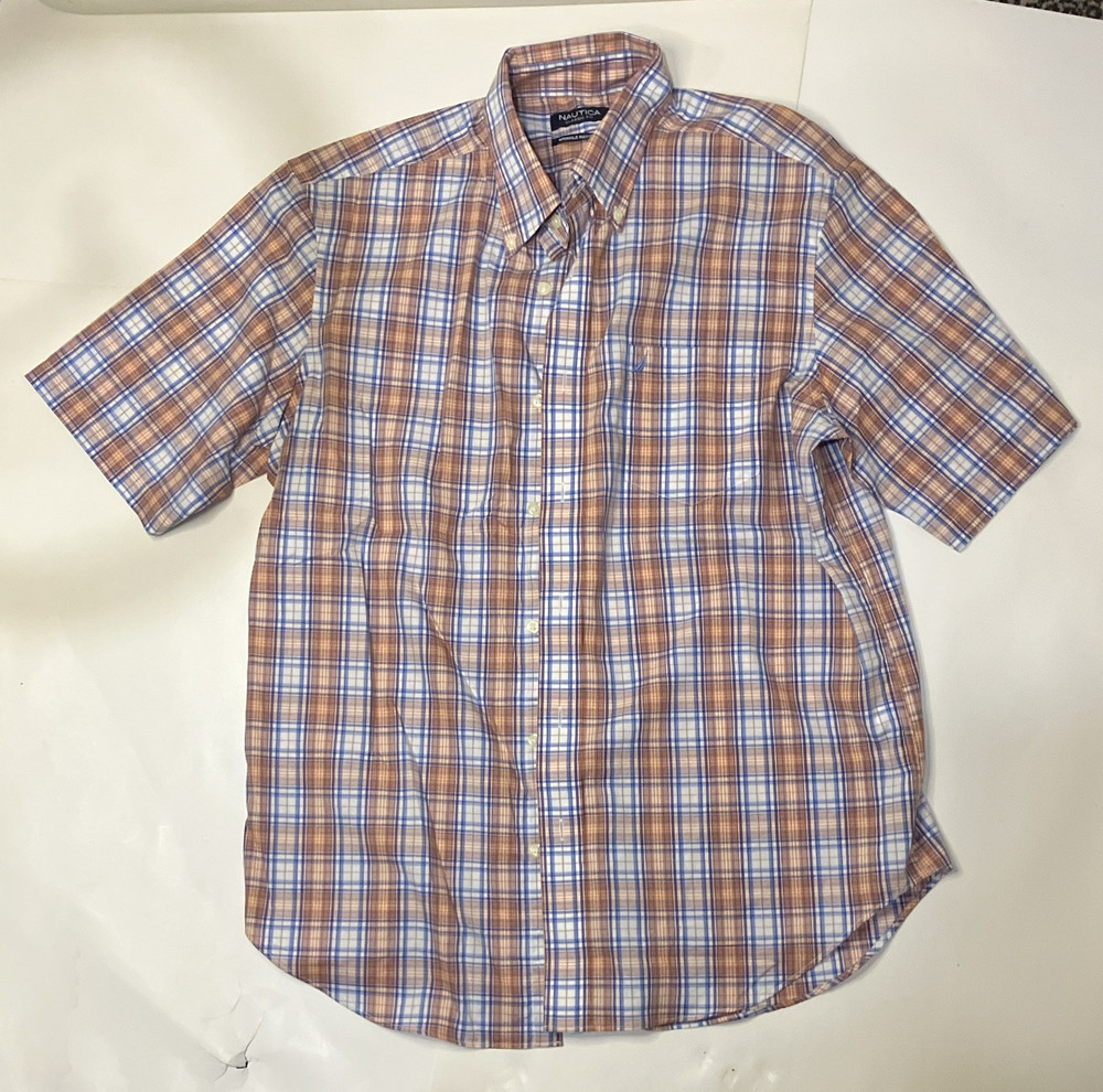 Nautica Classic Fit L Wrinkle Resistant Plaid Short Sleeve Button-Up Shirt