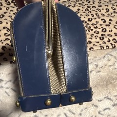 Vintage John Romain Blue & Beige Leather Handbag Purse with Brass-Tone Closure