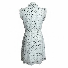 ON-34TH White/Black Polka Dot Shift Dress Sleeveless Ruffle V-Neck Tie M