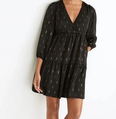 NWT Madewell little Black Dress M Gold Print babydoll Faux Wrap Empire Mini LBD