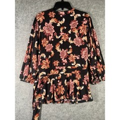 Lauren Ralph Lauren Black Floral Wrap Peplum Top 3/4 Sleeve Small