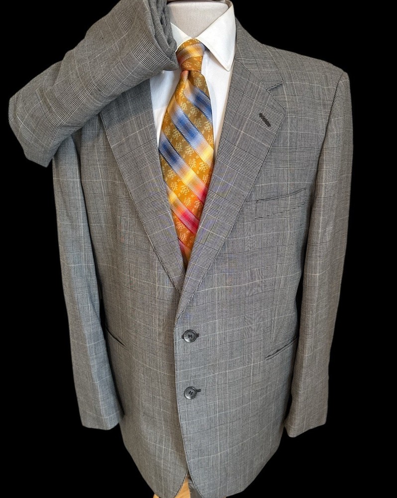 VTG Savile Row Men’s Wool Blend 2-Button Suit Gray Glen Plaid 44R Pants 38 x 32