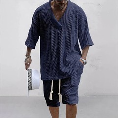 Men’s 2 Piece Knitted Set Summer Rolled Sleeve Short sleeve Shirt and Shorts Set