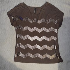 HISONE Women’s XL Brown Chevron Sequin Scoop Neck Short Sleeve T-Shirt