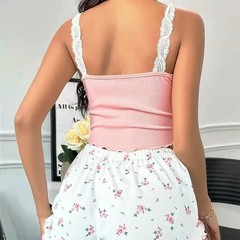 Women 2Pcs Pajama Set Lace V-Neck Cami Top Shorts Sleepwear Soft Loungewear