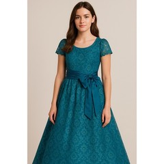 Vitnage 70s Teal Floral Lace Short Sleeve Midi Formal Prom Dress Sz 11/12
