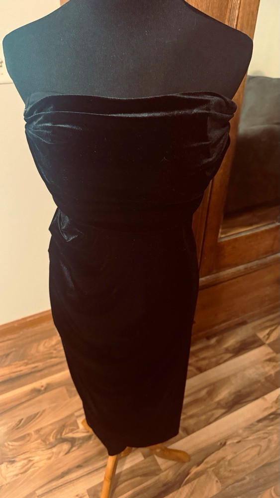 AS Black Velvet Strapless Ruched velvet Midi Dress Zip Women’s S COVINA V106