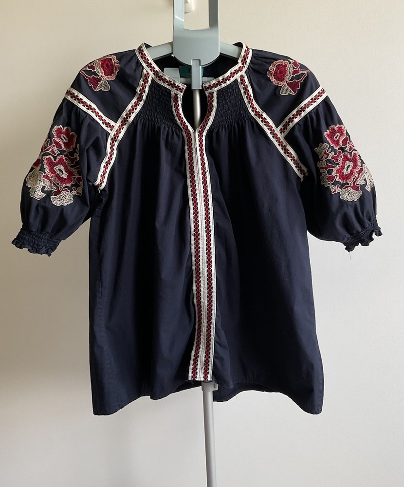 South Main Embroidered Boho Peasant Blouse Women’s Medium Navy