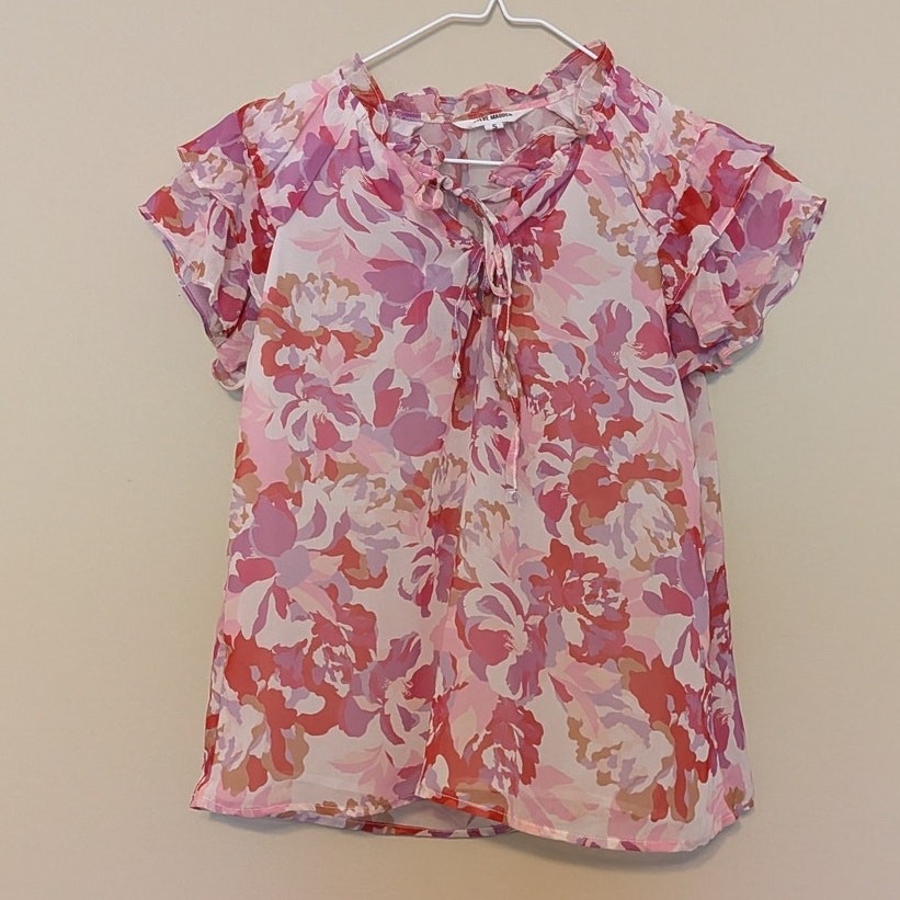 Steve Madden Pink And Orange Floral Blouse With Neckline Tie