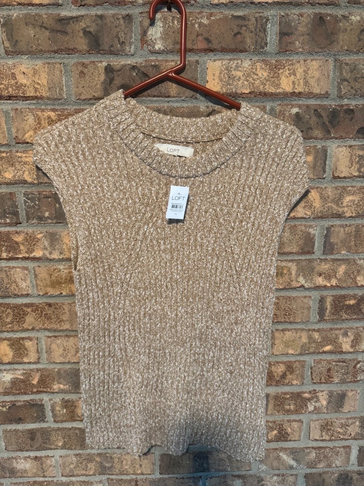 LOFT Women’s Medium Tan Marled Rib Knit Sweater Short Sleeve *NEW WITH TAGS*