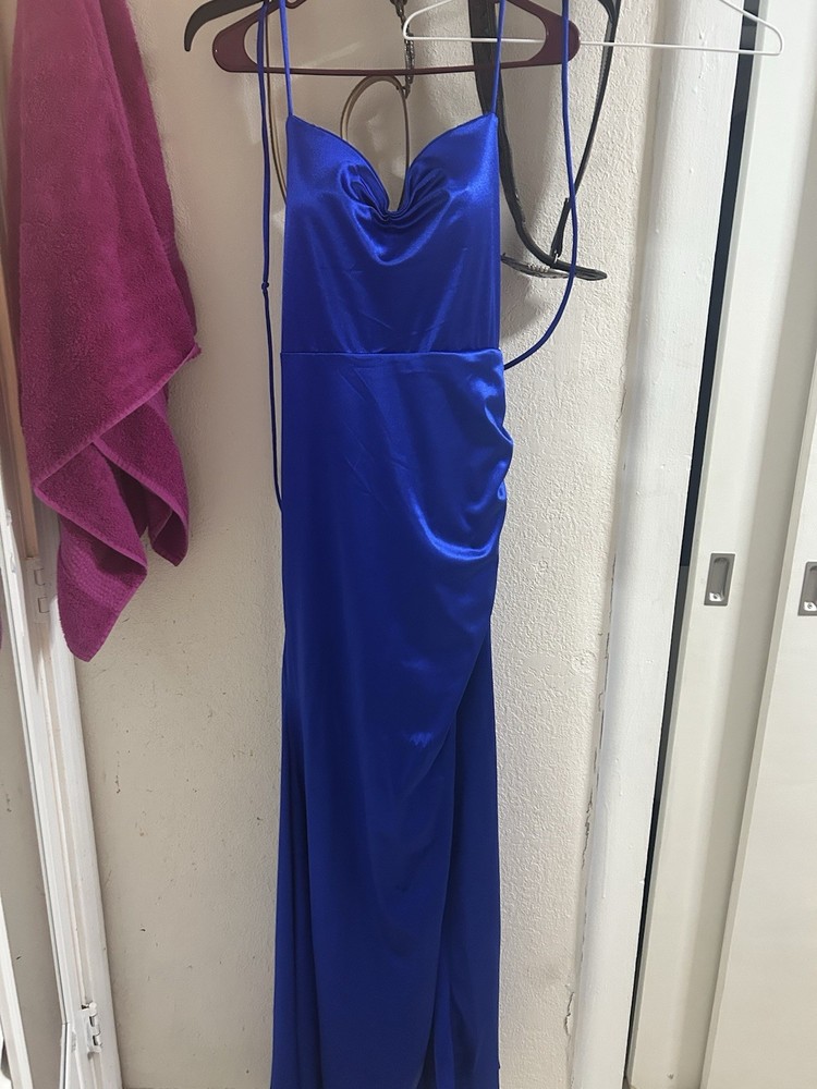 Blue Satin Sweetheart Long Gown Dress, Strappy Sleeveless, Solid, Size L