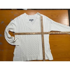 Marled Cotton Women’s L Ivory Cable Knit V Neck Tunic Sweater Long Relaxed Warm