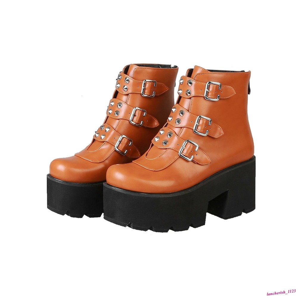 Rivet Women’s Faux Leather Ankle Boots Platform Shoes Multi Buckle Block Heels
