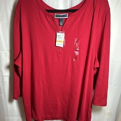 Karen Scott Women Sz 3X Red Solid Knit Cotton Henley 3/4 Sleeve Top Button
