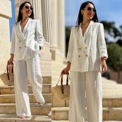 White Linen Women Suits 2 Pcs Double Breasted Peak Lapel Office Lady Outfits