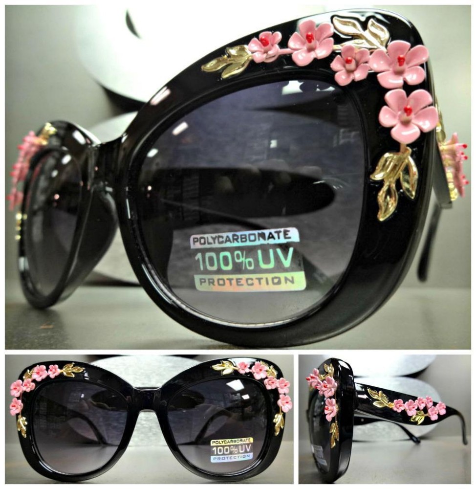 VINTAGE RETRO CAT EYE Style SUN GLASSES Black Frame Unique Floral Flower Design