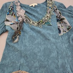 Blue Floral Bohemian Long Sleeve Lace Trim Top and Skirt Unique Design
