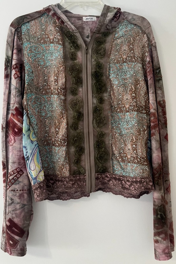Jaipur Silk Blend Paisley Floral Rosette Zip Up Hoodie Cardigan Jacket Size L