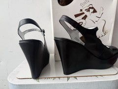 Dr. Scholl’s “Possession” black leather platform wedge Mary Jane heels