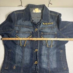 Vintage Y2K Baby Phat Women’s Blue Jean Jacket Gold Embroidered Cat Logo Size M