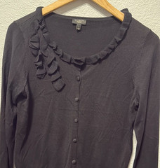 Talbots Women’s Petite Small Black Round Neck Cardigan Ruffle Trim Silk Blend