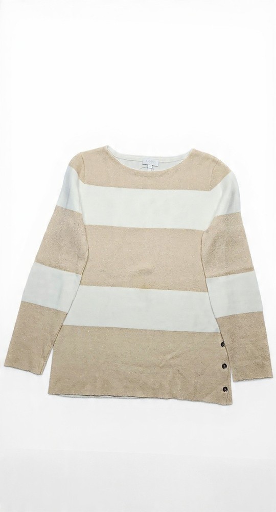 Escada Women’s Striped Knit Sweater Beige White Long Sleeve Casual Pullover Top