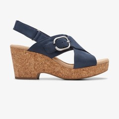 Clarks Giselle Dove Wedge Sandal Slingback Straps Navy Nubuck Women’s 7 Medium
