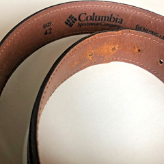 Columbia Brown Leather Belt Heavy Duty Work Mens Sz 42 Double Loops Brass Patina
