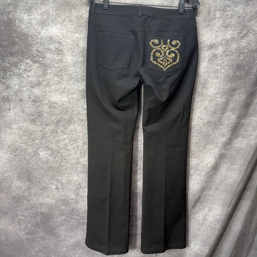 St John Black Bootcut Knit Pants Size 6 Gold Studded Back Pocket Glam Old Money