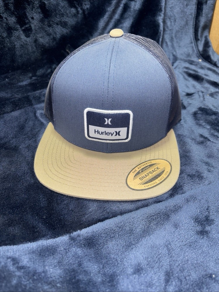 Hurley Stacked Trucker Hat Cap Navy with Patch & Tan Flat Bill Snapback OSFA