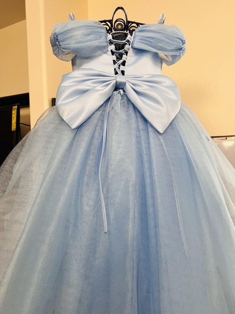 Girls Size 4 Blue Tulle Ball Gown Long Sleeveless Bow Beaded Rhinestone