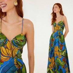 Farm Rio Blue Banana Grapes 3d Bodice Sleeveless Maxi Dress M