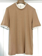 BRUNELLO CUCINELLI Men’s Beige/White Layering Cotton T-shirt Slim Fit Size M