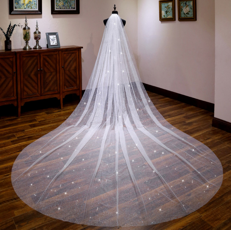 A-layer Female White Dragging Long Wedding Bridal Veil Photograph Glitter Veil