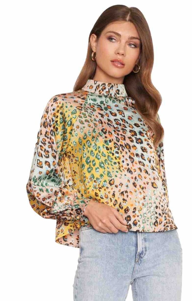 NWT Dee Elly Leopard LS Mock Neck Blouse Shirt $49.00 Size Medium