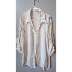 Elan Large Boho Embroidered Striped Metallic Lurex Button Down Tunic Blouse