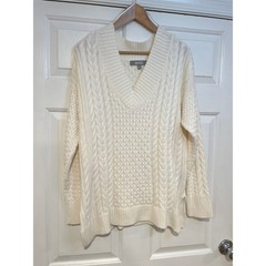 Marled Cotton Women’s L Ivory Cable Knit V Neck Tunic Sweater Long Relaxed Warm