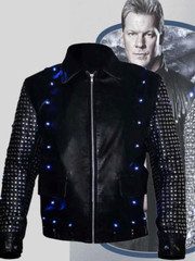 Handmade WWE Chris Jericho Studded Black Leather Light-Up Jacket For Men Women
