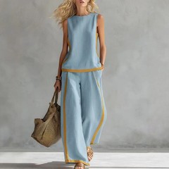 Simple Stripe Print Women’s Suits Sleeveless Blouse Wide Leg Pants Two Piece Set
