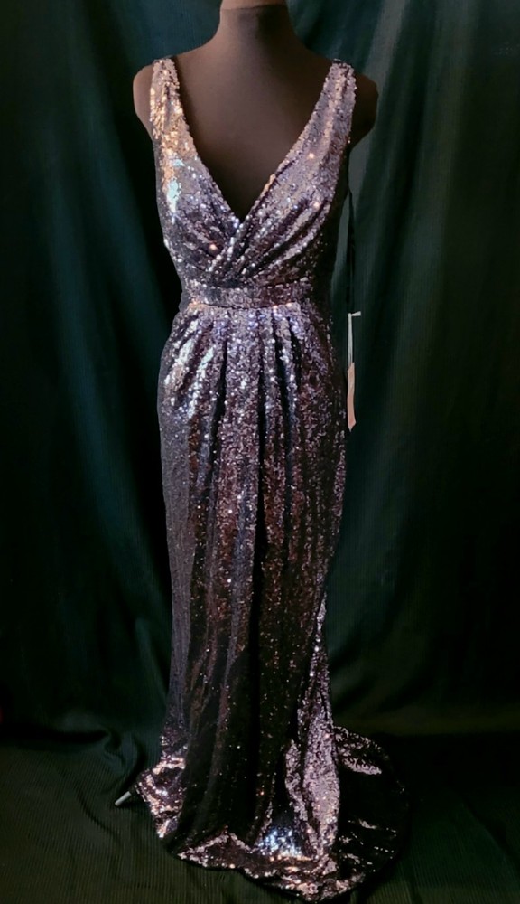 NWT Sz 12 Midnight Plum Sequined V-Neck Evening Gown
