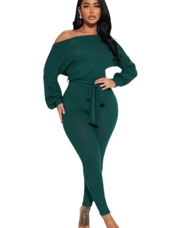 Fashion Nova Hunter Green Ribbed Knit Jumpsuit Size XL NWT